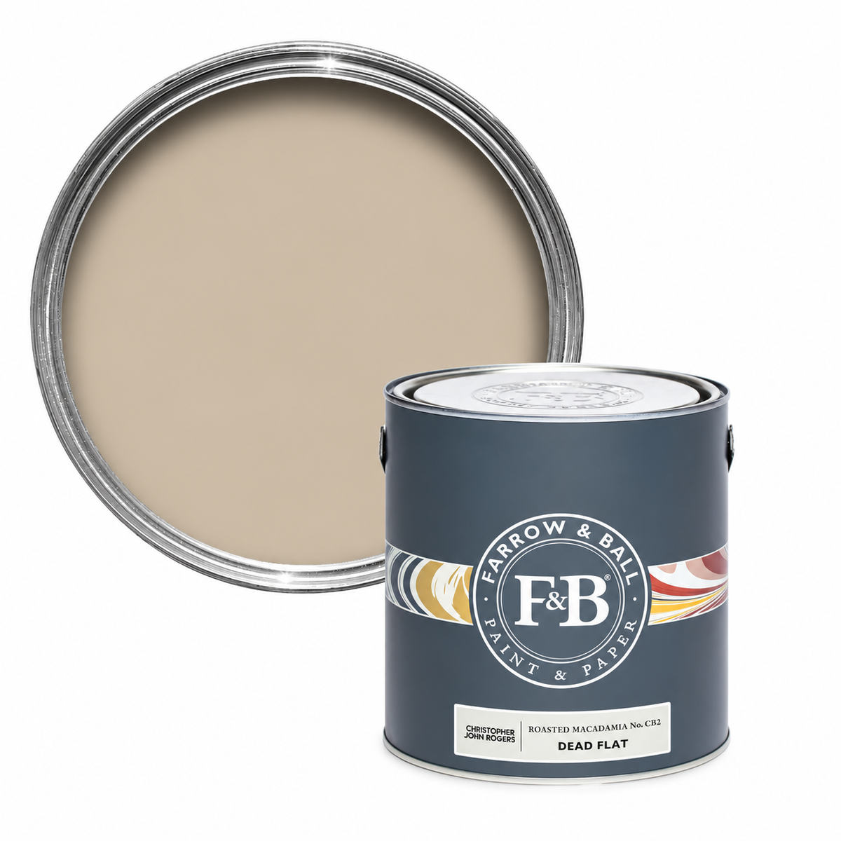 Farrow & Ball Roasted Macadamia CB2 Carte Blanche paint tin and colour swatch