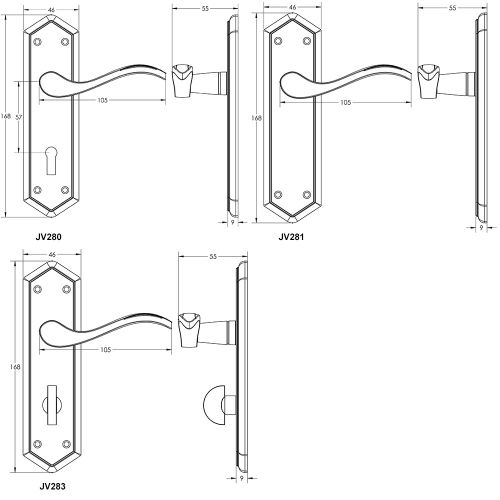 Paris Door Handle Bathroom Set 170mm X 47mm Polished Chrome JV283PC