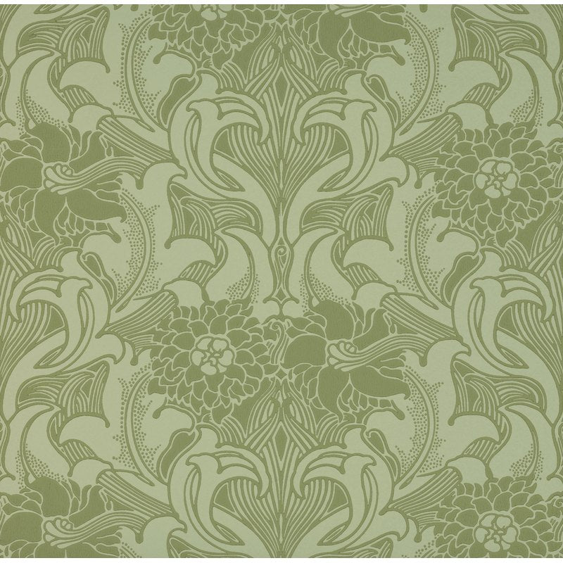 Little Greene Dahlia Scroll wallpaper in Pea Green