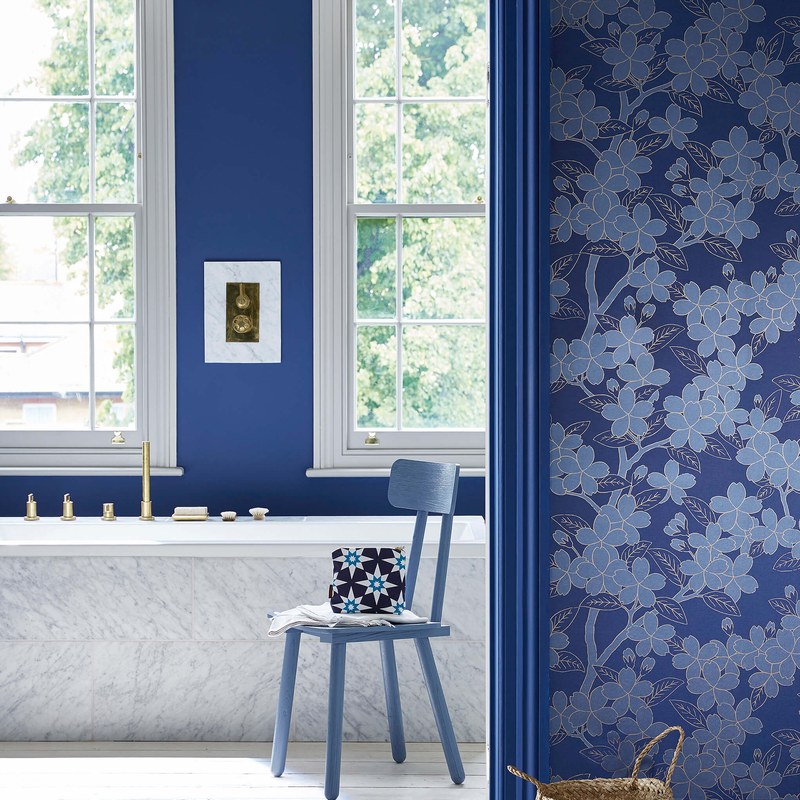 Little Greene Camellia wallpaper in Smalt — room view