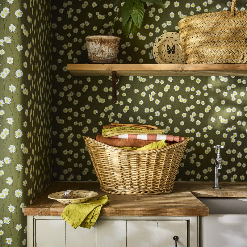 Little Greene Moon Daisies wallpaper in Olive Colour — full room