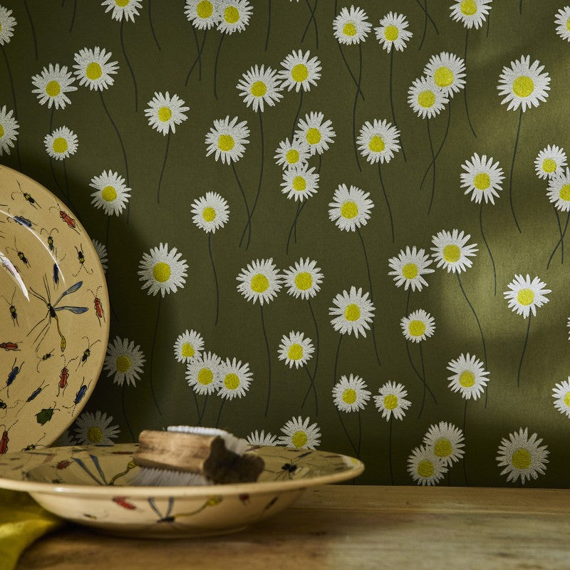 Little Greene Moon Daisies wallpaper in Olive Colour — room view