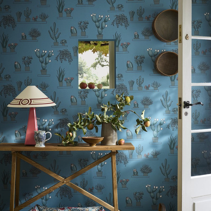 Little Greene Mr Straw’s Greenhouse wallpaper in Air Force Blue — full room
