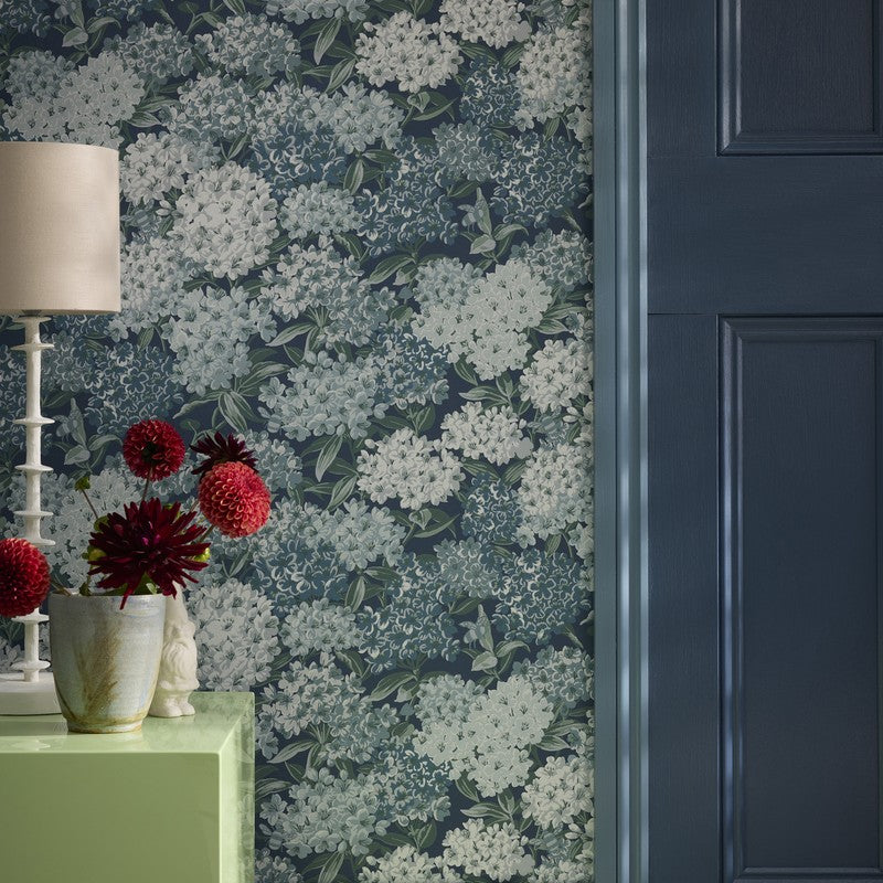 Little Greene Rhododendron Walk wallpaper in Hicks’ Blue — detail