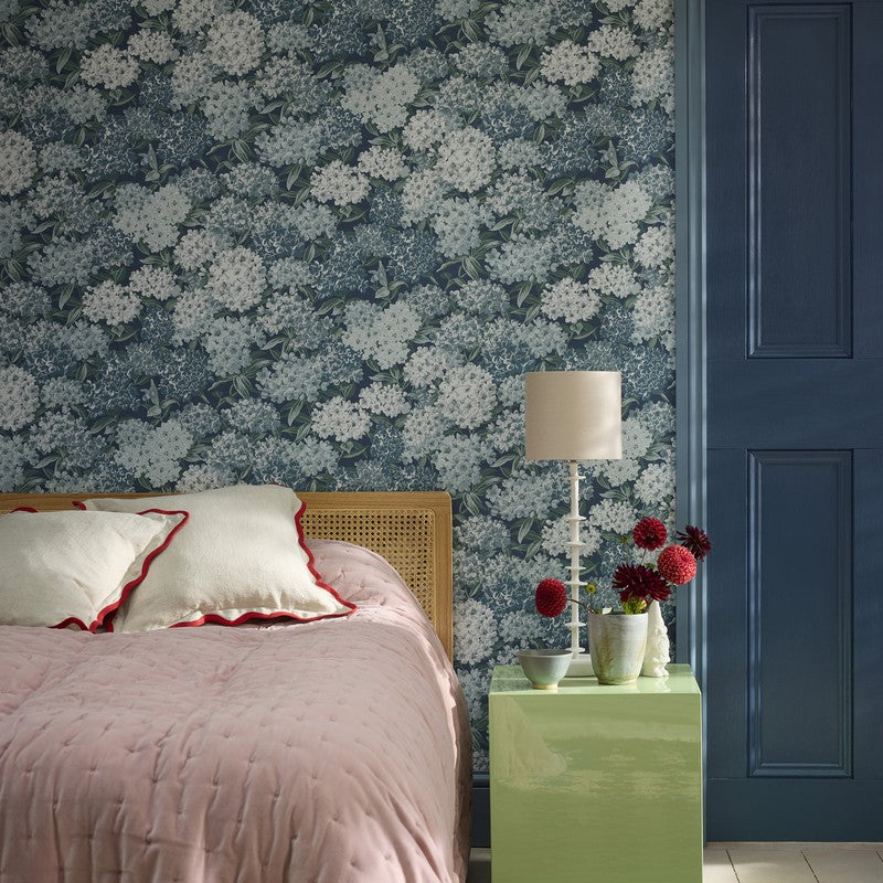 Little Greene Rhododendron Walk wallpaper in Hicks’ Blue — full room