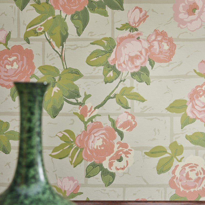 Little Greene Rose Garden wallpaper in Green Stone — detail