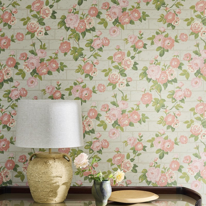 Little Greene Rose Garden wallpaper in Green Stone — full room